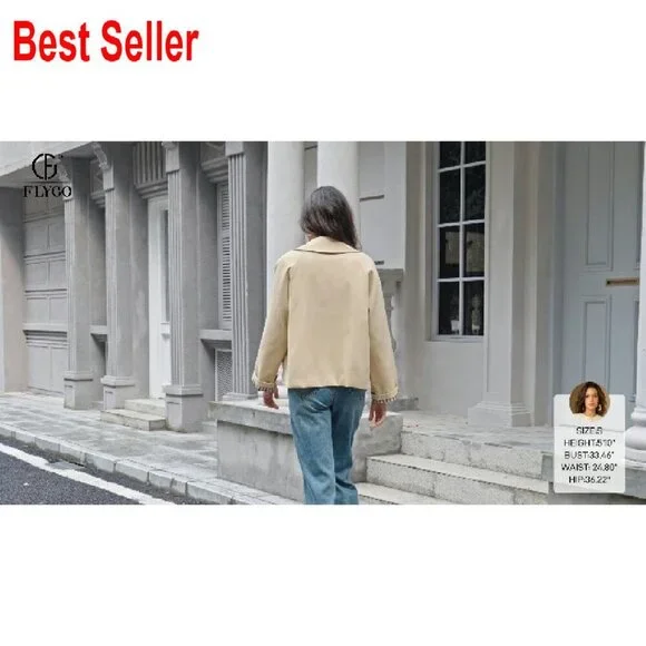 Cropped Trench Coat Oversized Chic Classic Button Down Lapel Jacket - Picture 8 of 8